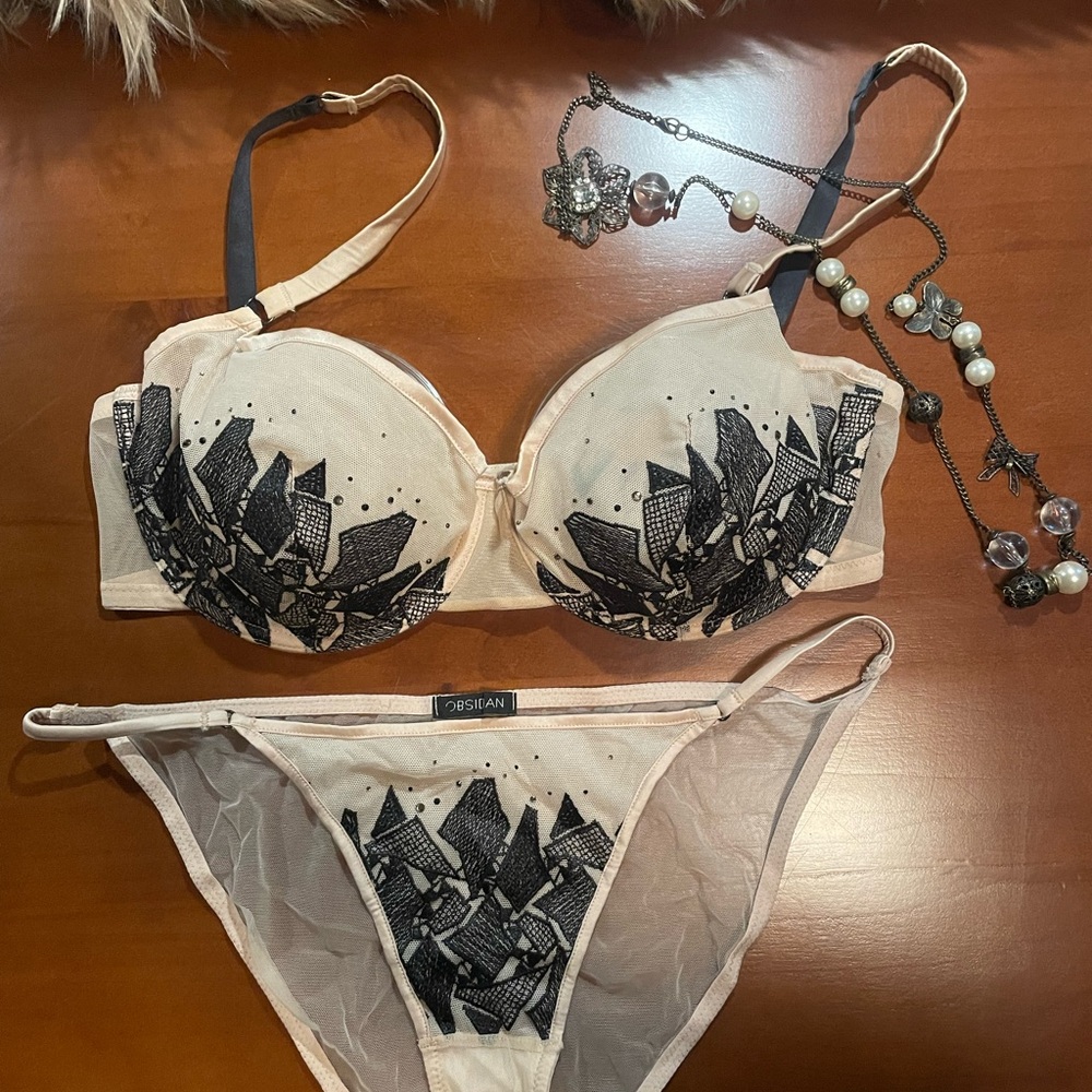 OBSIDIAN luxury intimates ft. Sheer 36D Demi bra & M panty Beige and Black